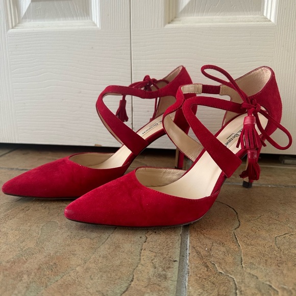 LK Bennett Loren Roca Red Suede Leather Pumps Heels Ankle Tie Size EU 37 US 6.5 - Picture 1 of 15